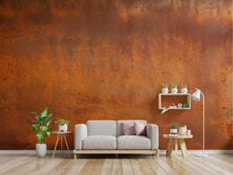 Contemporary hallway accent wall design featuring aged rust pattern in warm industrial tones