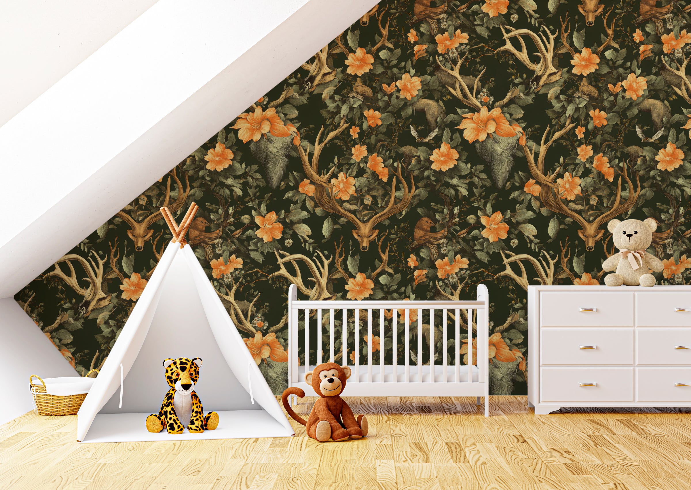 Nature animal wallpaper with fox, antlers, orange flowers for cozy nursery room design