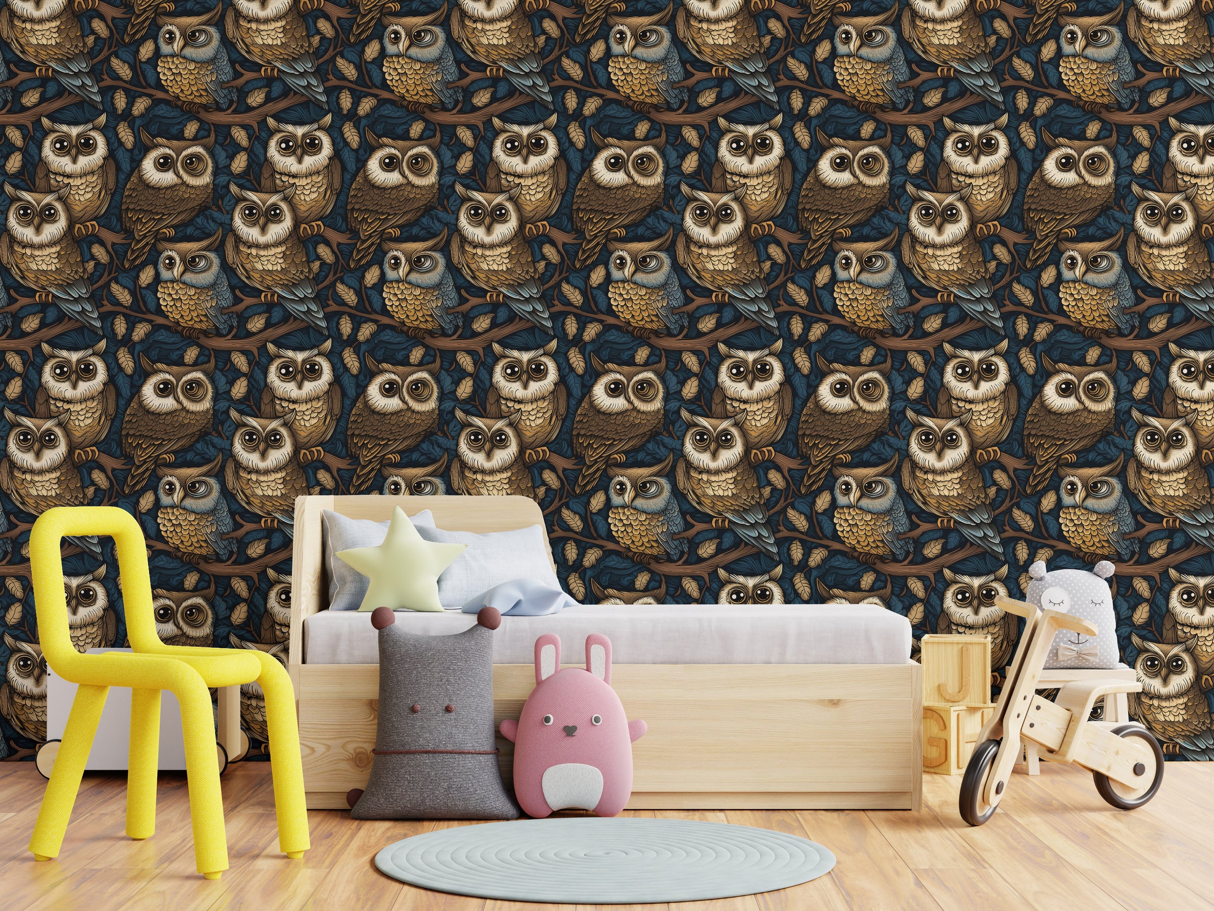 Elegant owl pattern wallpaper in moody tones for sophisticated nursery decor
