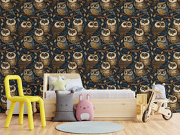 Elegant owl pattern wallpaper in moody tones for sophisticated nursery decor