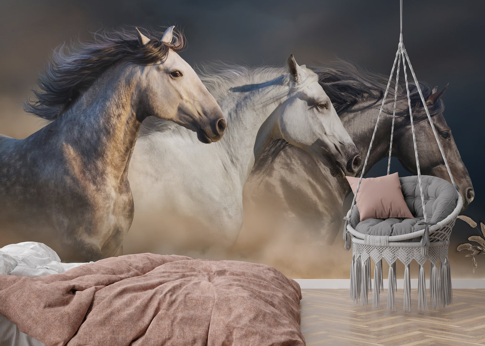 Majestic horse wallpaper with galloping stallion artwork for modern dining room background
