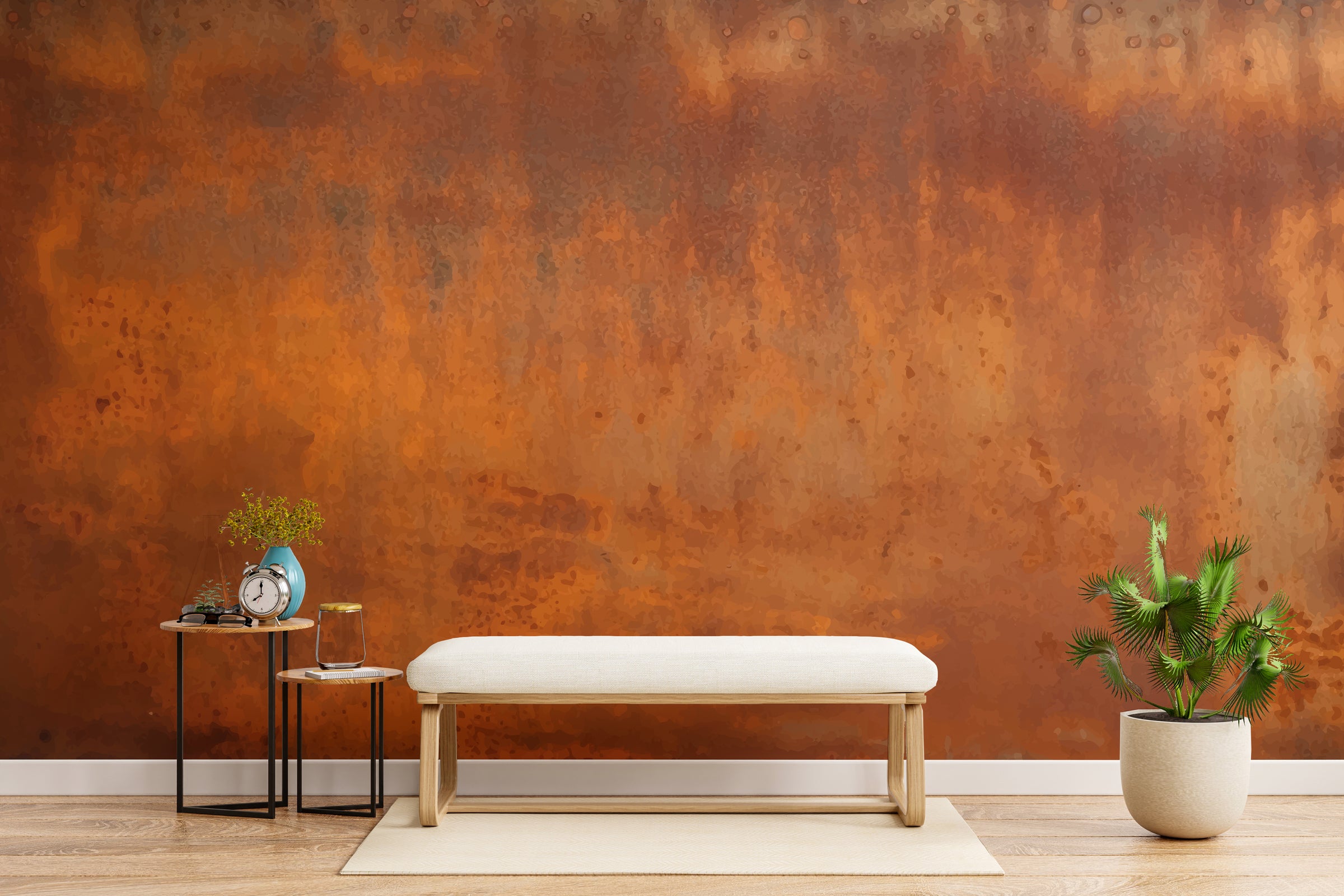 Stylish office wall decor featuring oxidized metal texture in deep burnt orange tones