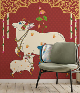 Heritage Indian cow artwork with ornate detailing for grand entryway wall decor