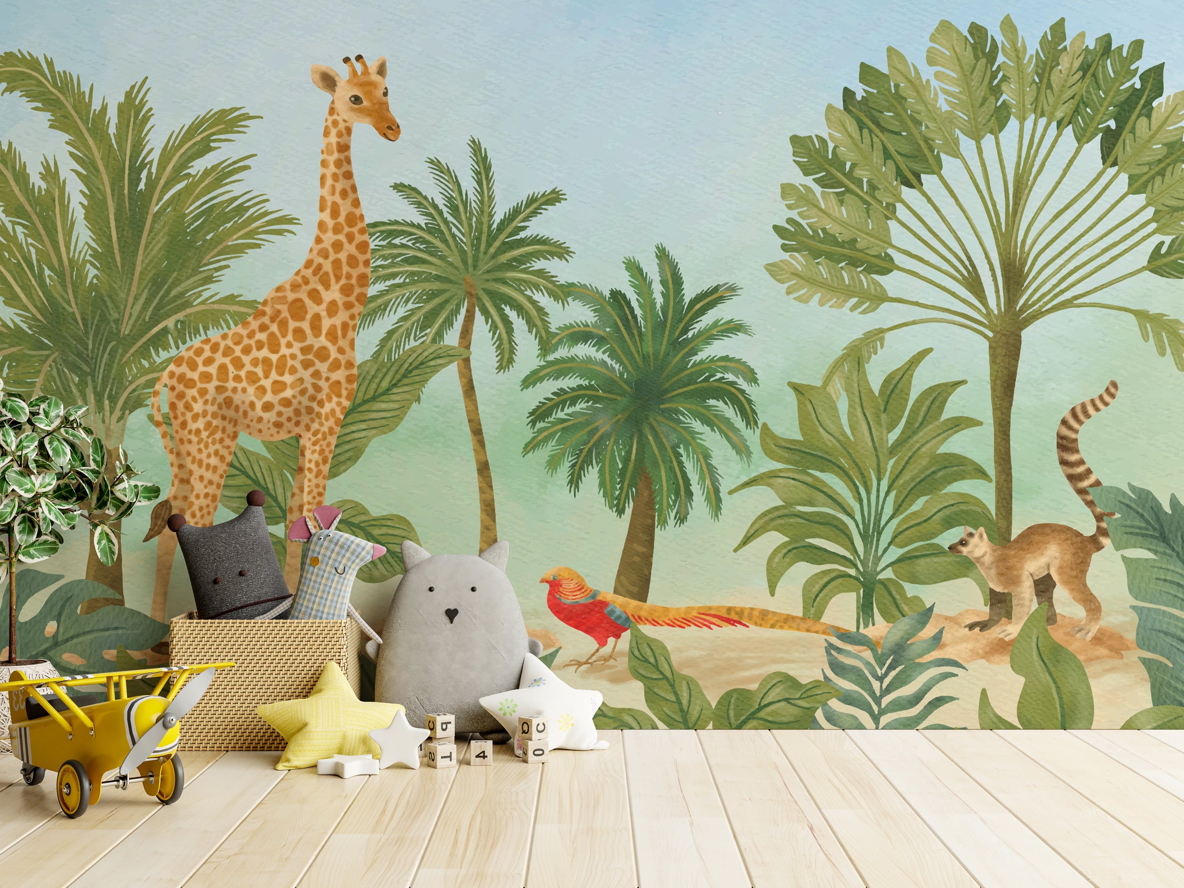 Safari wall mural featuring giraffe, tropical leaves, soft earth colors for nursery decor