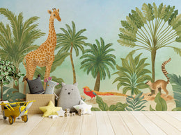 Safari wall mural featuring giraffe, tropical leaves, soft earth colors for nursery decor