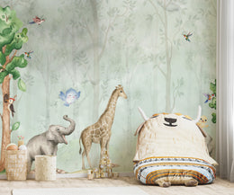 Watercolor Safari Animal Wall Mural | Green Jungle Peel and Stick Wallpaper