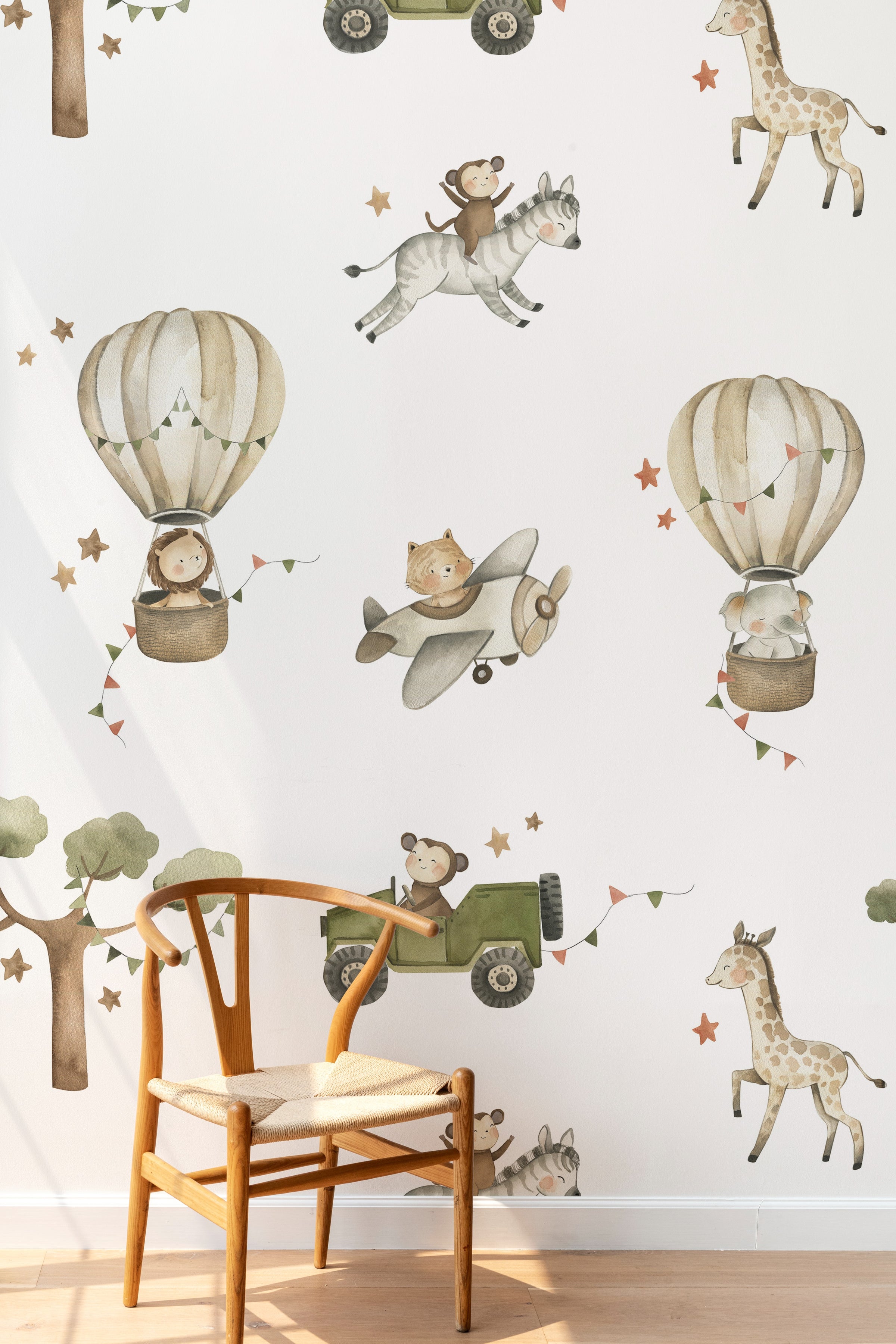 Adorable toddler bedroom wallpaper featuring safari journey animals in soft pastel shades