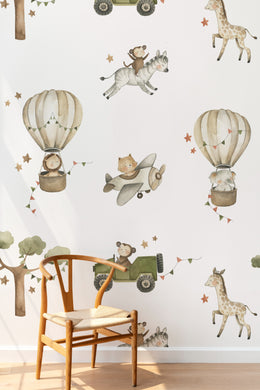 Adorable toddler bedroom wallpaper featuring safari journey animals in soft pastel shades
