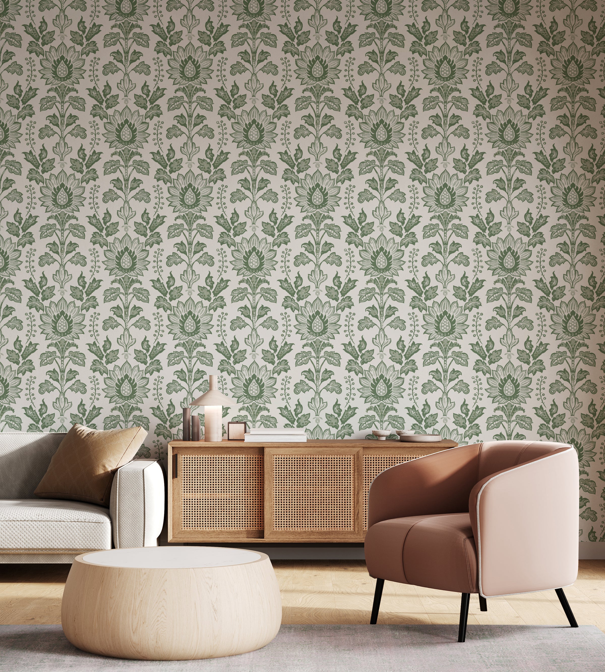 William Morris Style Floral Peel and Stick Wallpaper | Sage Green Bellflowers Wallpaper