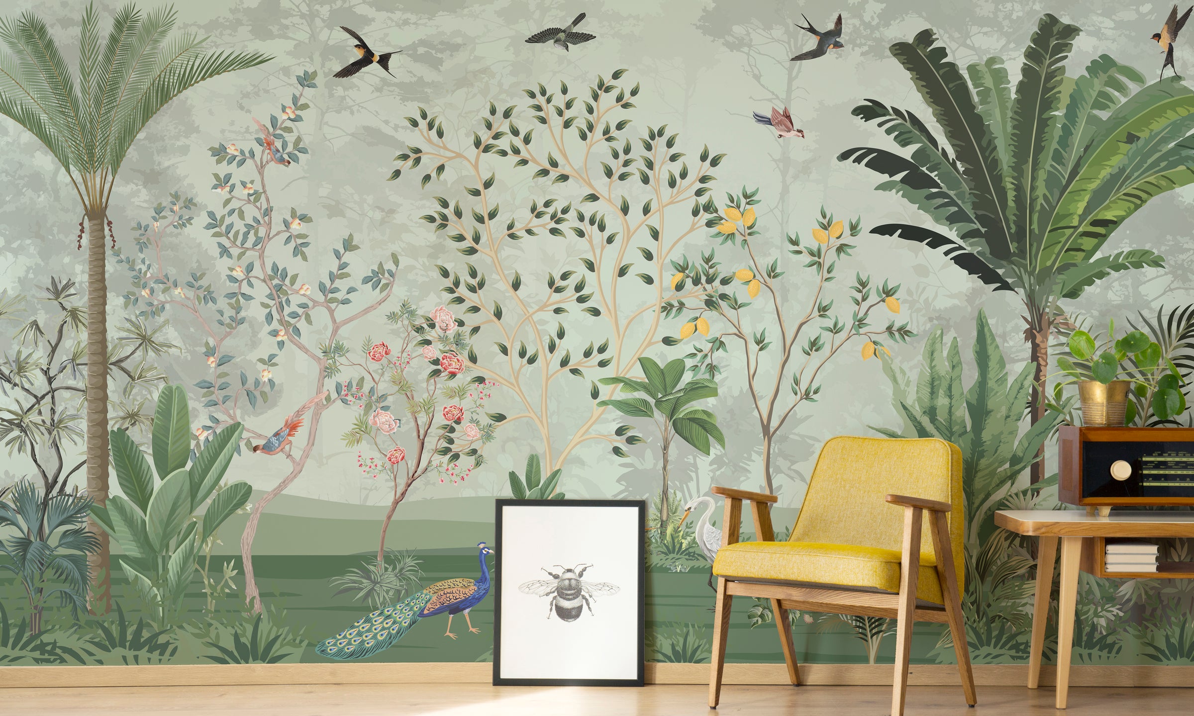 Elegant jungle style mural art with botanical plants perfect for peaceful reading corner