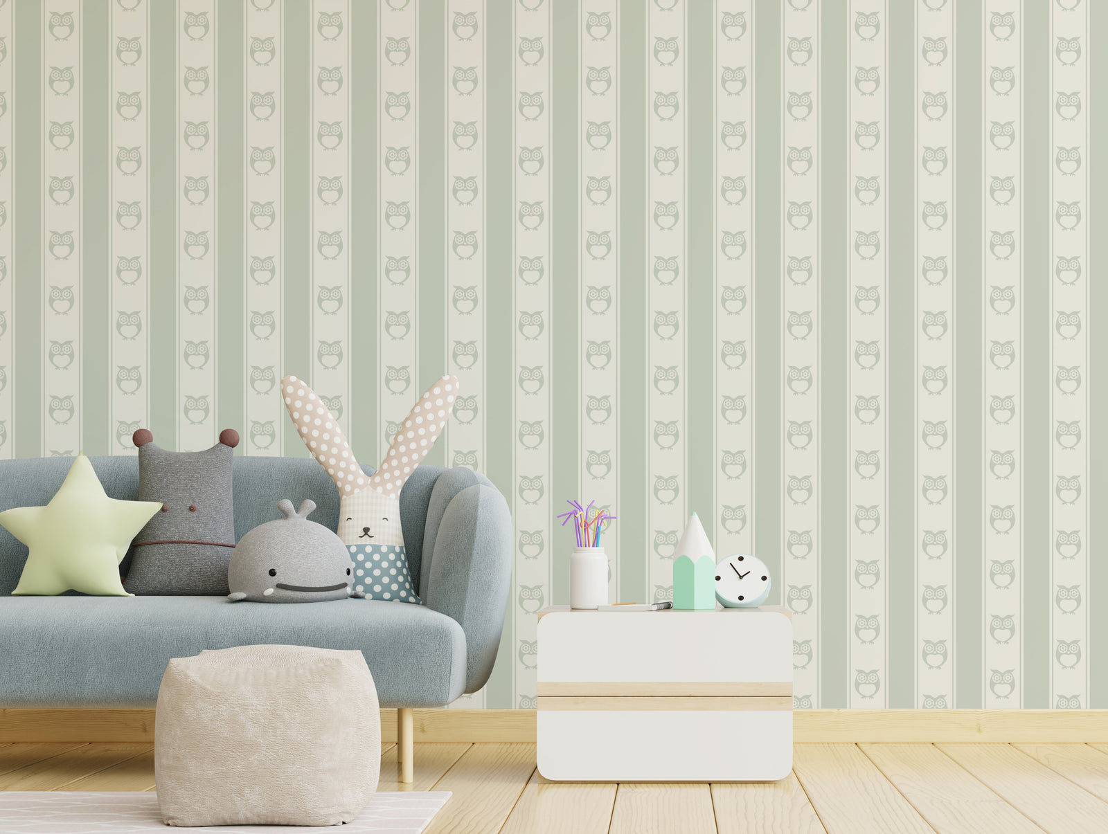 Owl Nursery Peel and Stick Wallpaper | Sage Green Forest Animals – Repeat Pattern