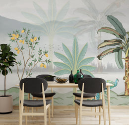 Chic dining room feature wall showcasing muted botanical landscape with soft green and beige tones