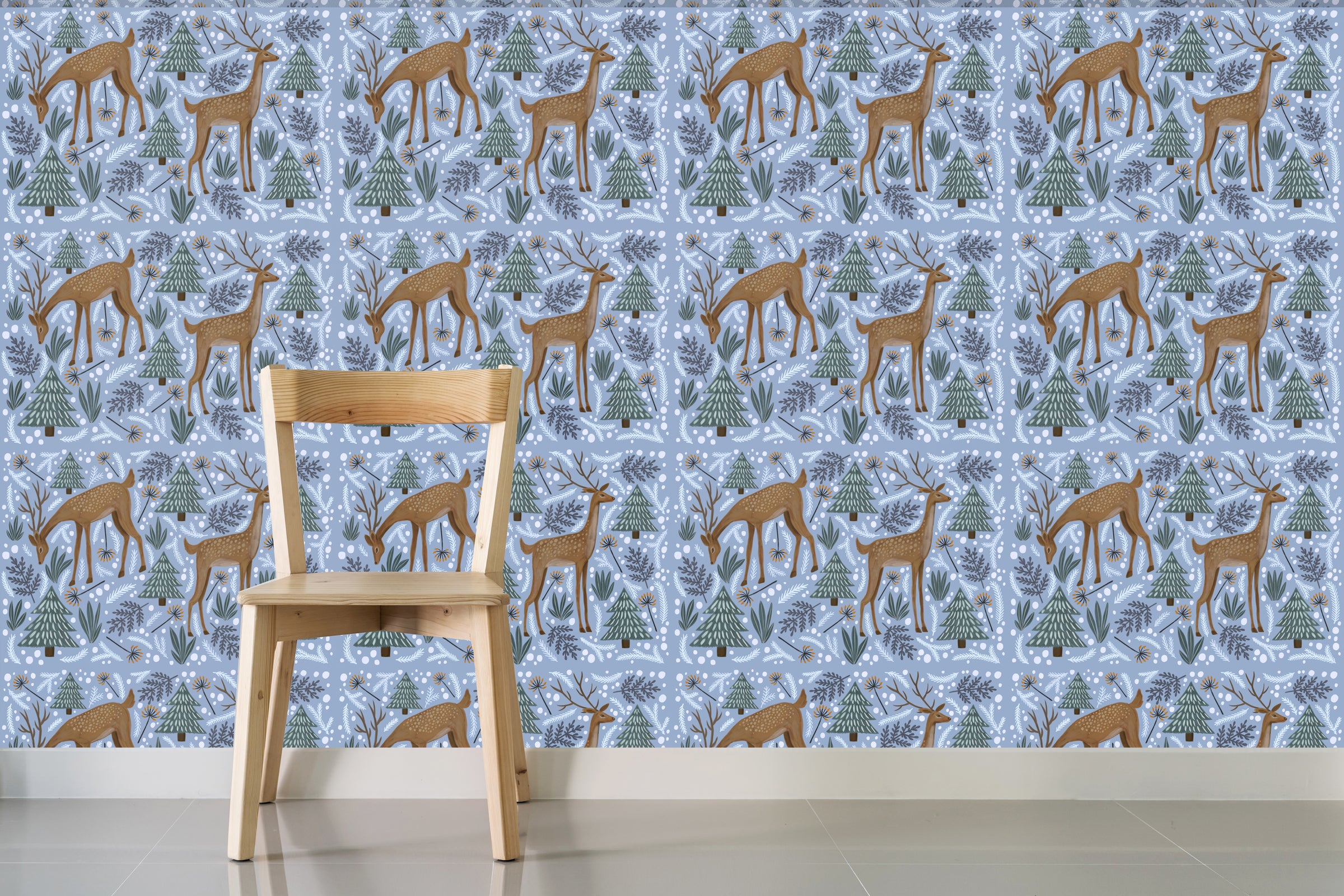 Blue woodland deer scene with trees transforms peaceful kids room wall