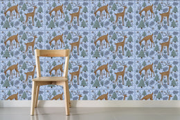 Blue woodland deer scene with trees transforms peaceful kids room wall