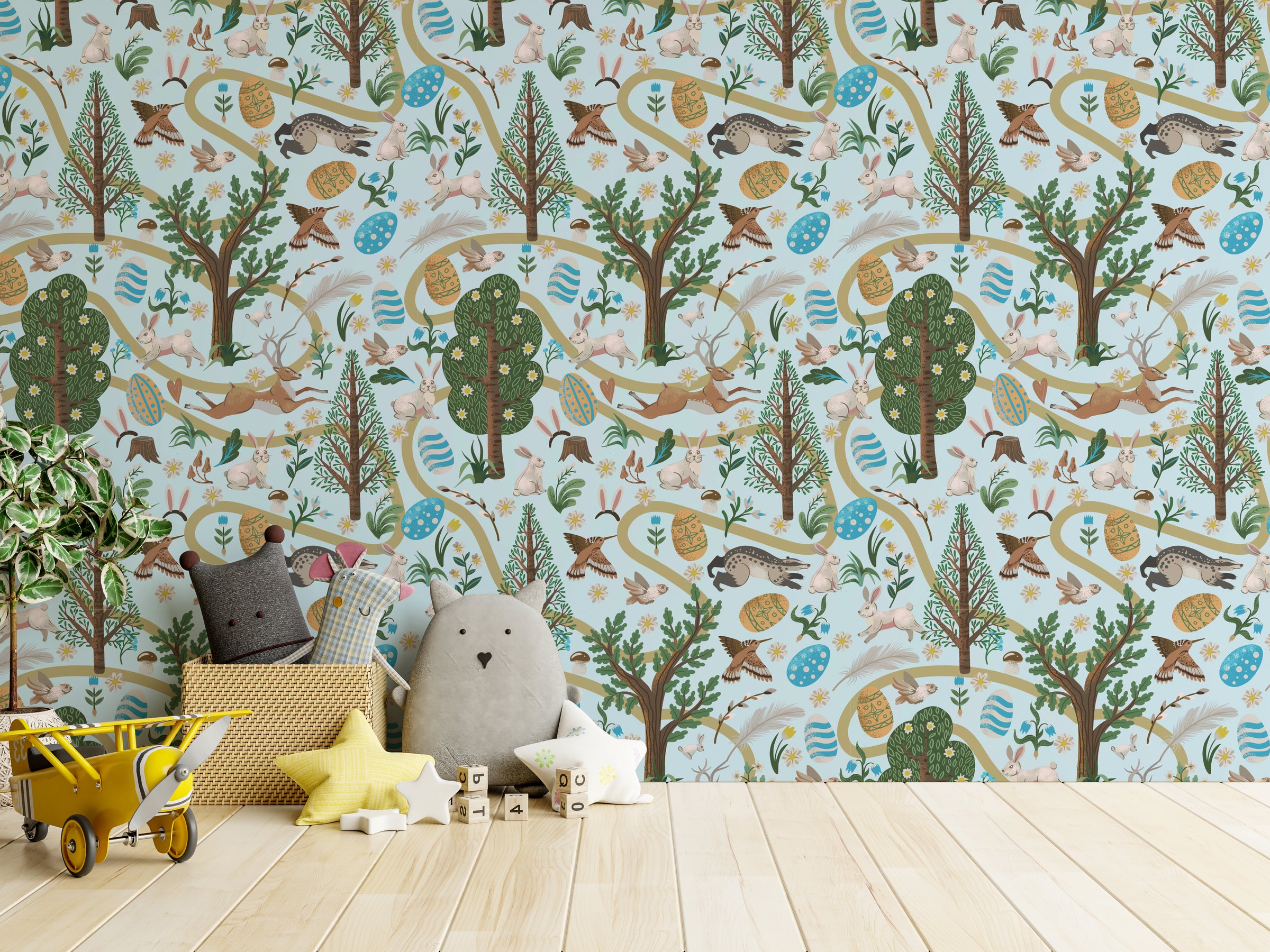 Forest animals with Easter eggs wall design, gentle colors for kids bedroom interior decor