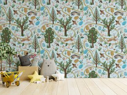 Forest animals with Easter eggs wall design, gentle colors for kids bedroom interior decor