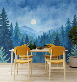 Aesthetic dining room wall mural featuring misty blue forest scenery, perfect for contemporary dining interior