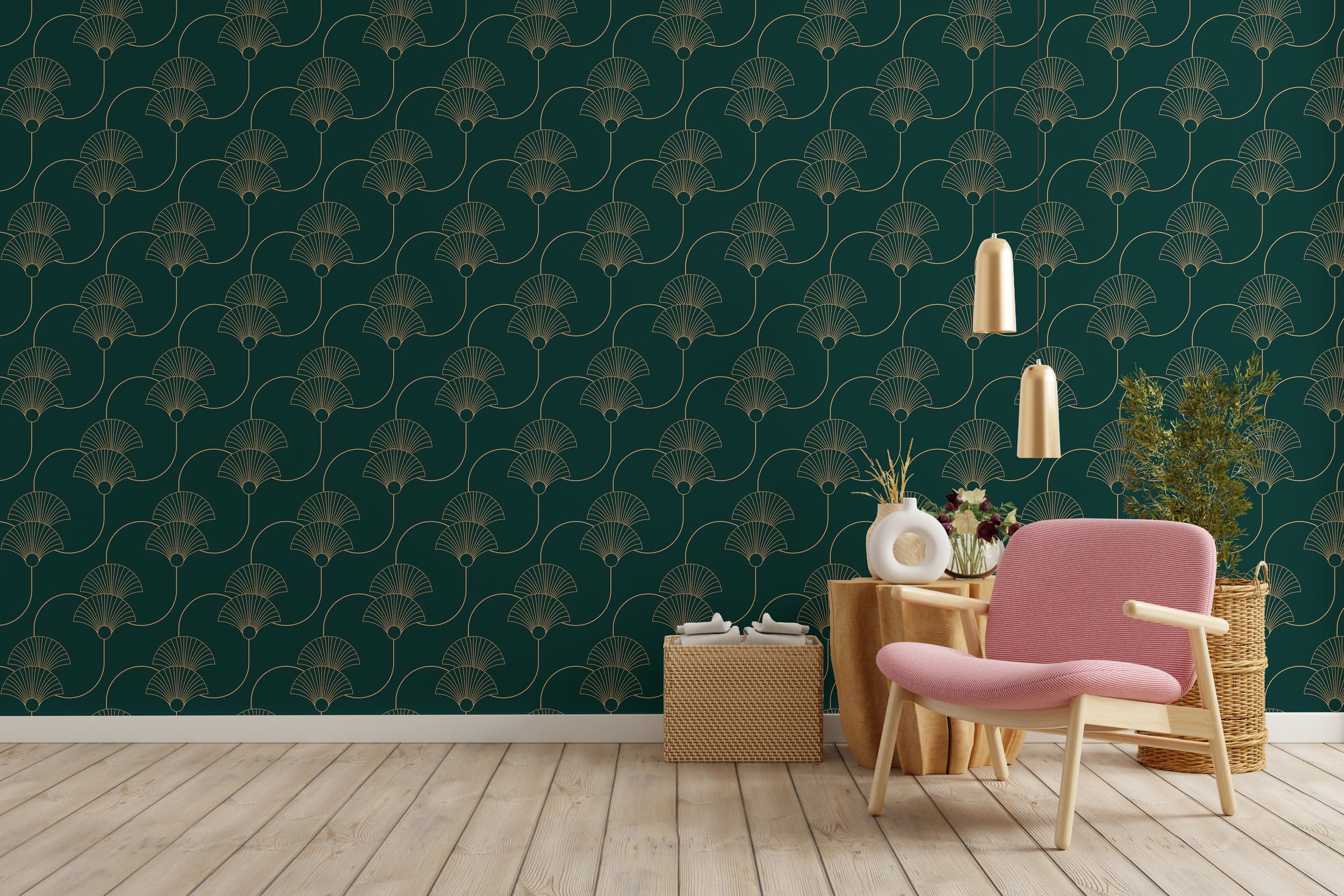 Teel Green Repeat Pattern Removable Art Deco Wallpaper
