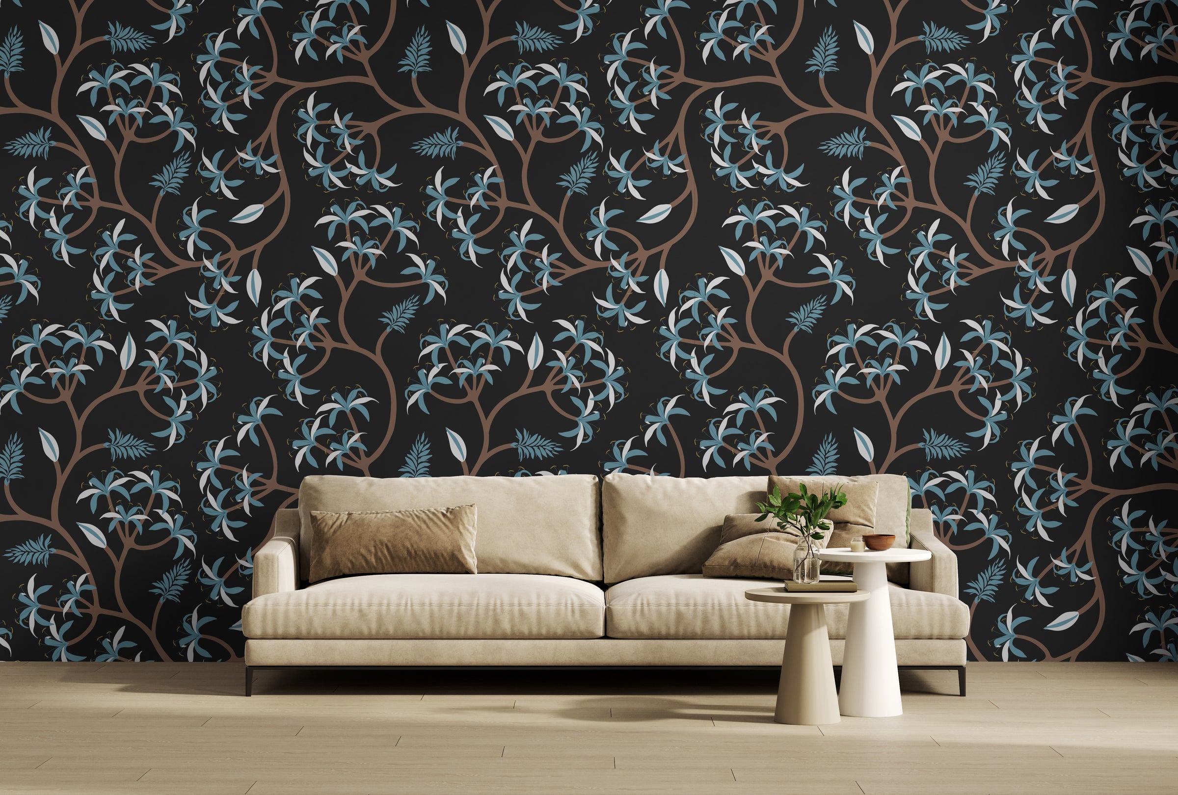 Sophisticated lounge area accent wall wallpaper with dark floral vines and subtle blue leaf accents