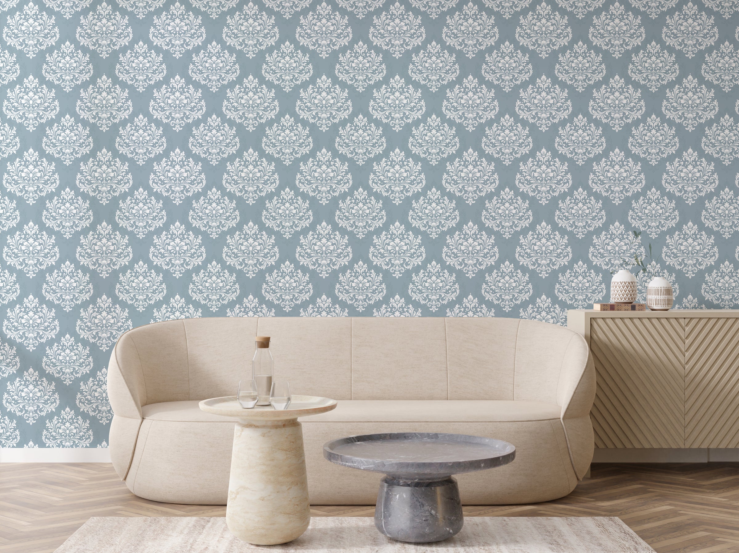 Soft blue ivory damask pattern wall covering creating refined elegance across a contemporary family lounge interior backdrop.