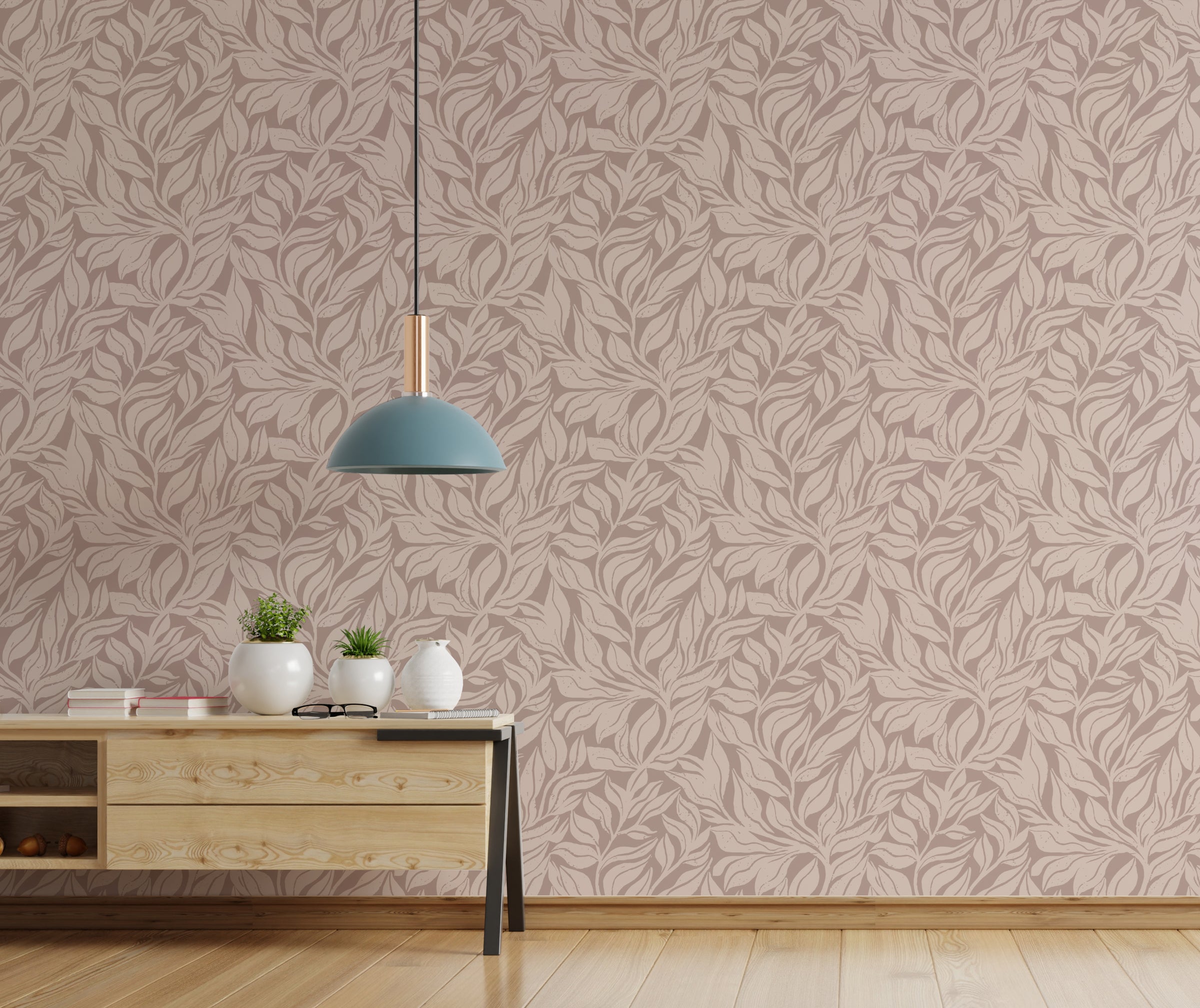 Neutral Leaf Wallpaper | Taupe Beige Botanical Leaves Peel and Stick