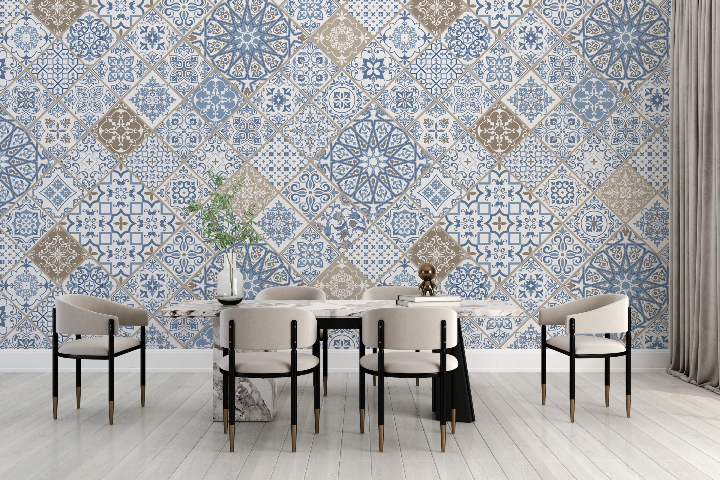 Blue ceramic tile wallpaper peel and stick for stylish dining room feature wall
