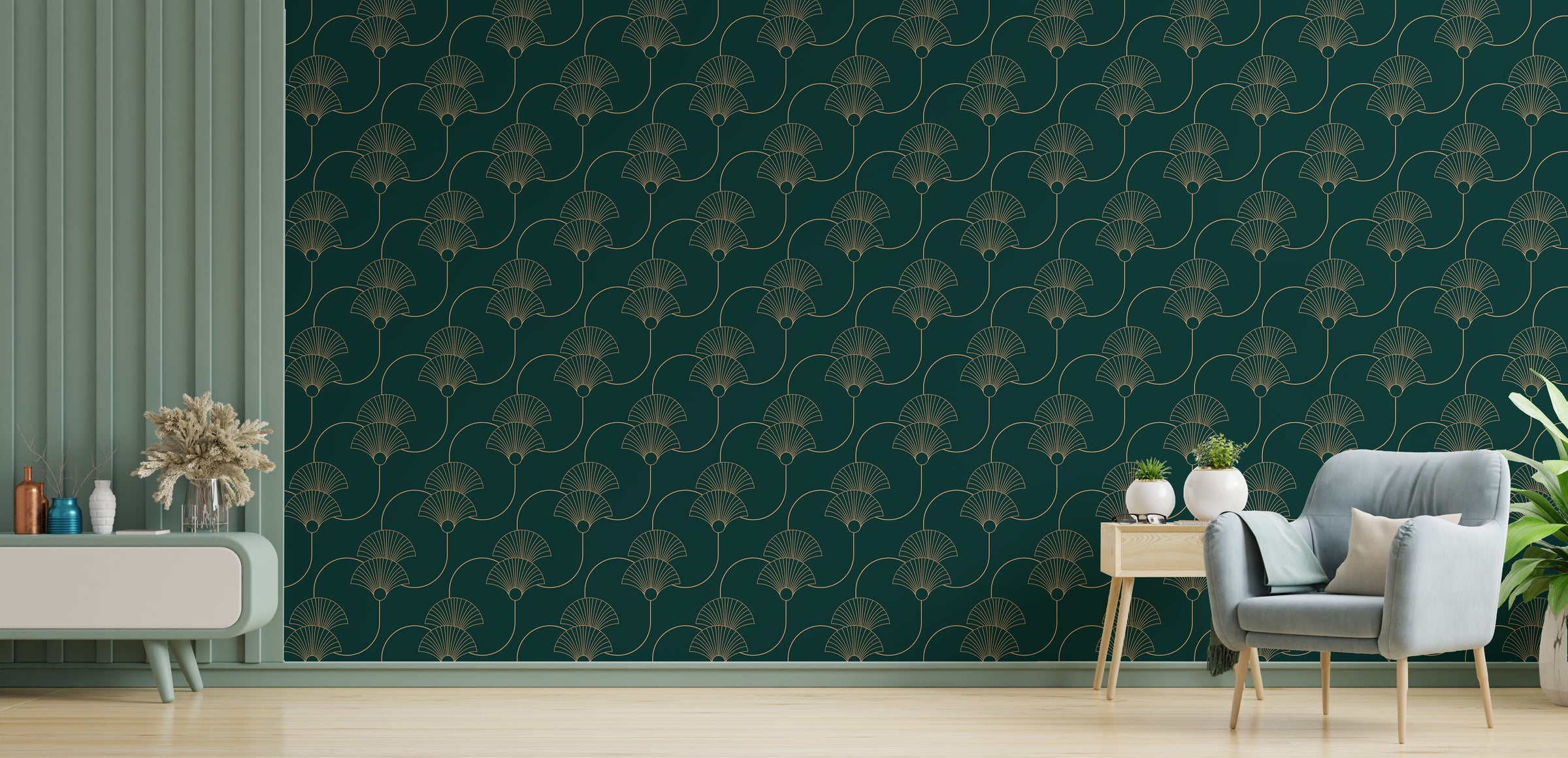 Teel Green Repeat Pattern Removable Art Deco Wallpaper