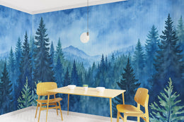 Sophisticated hallway wall design showcasing moody blue forest landscape, perfect for stylish entryway