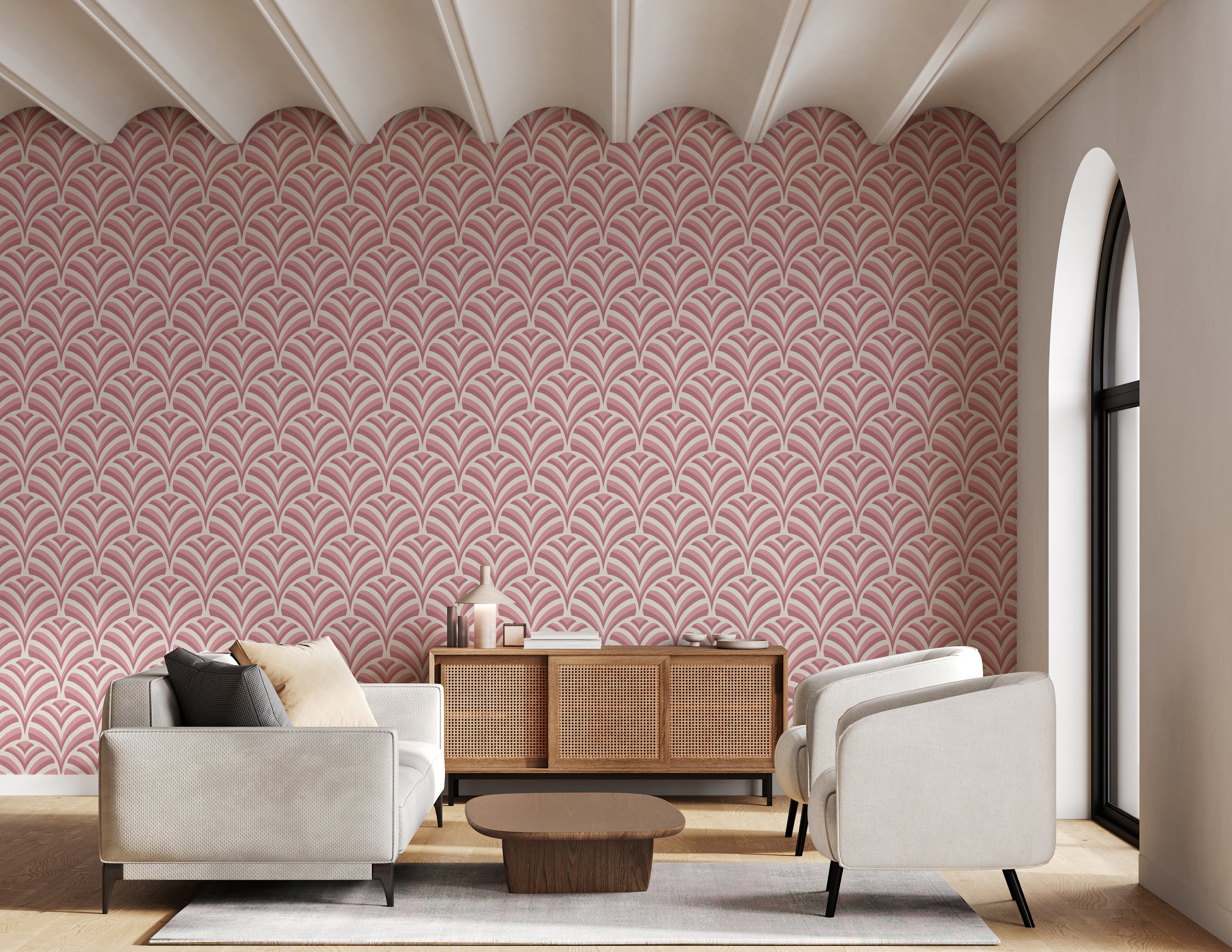 Art Deco Pink Scallop Pattern Removable Wallpaper