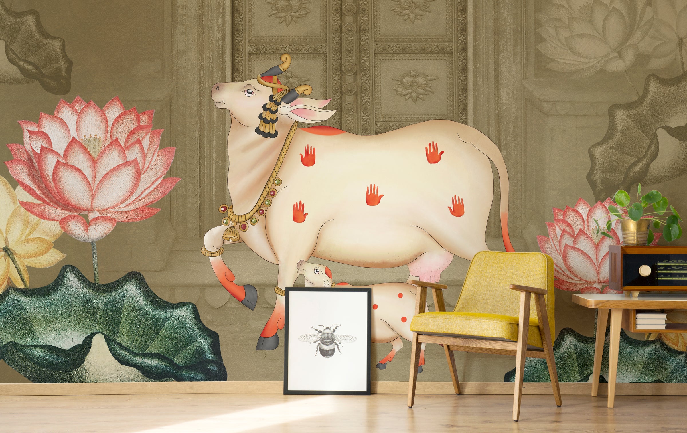 Sacred Pichwai Kamdhenu Wallpaper | Indian Cultural Removable Wall Mural