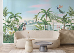 Tropical peacock jungle mural with palm trees botanical landscape for elegant living room decor