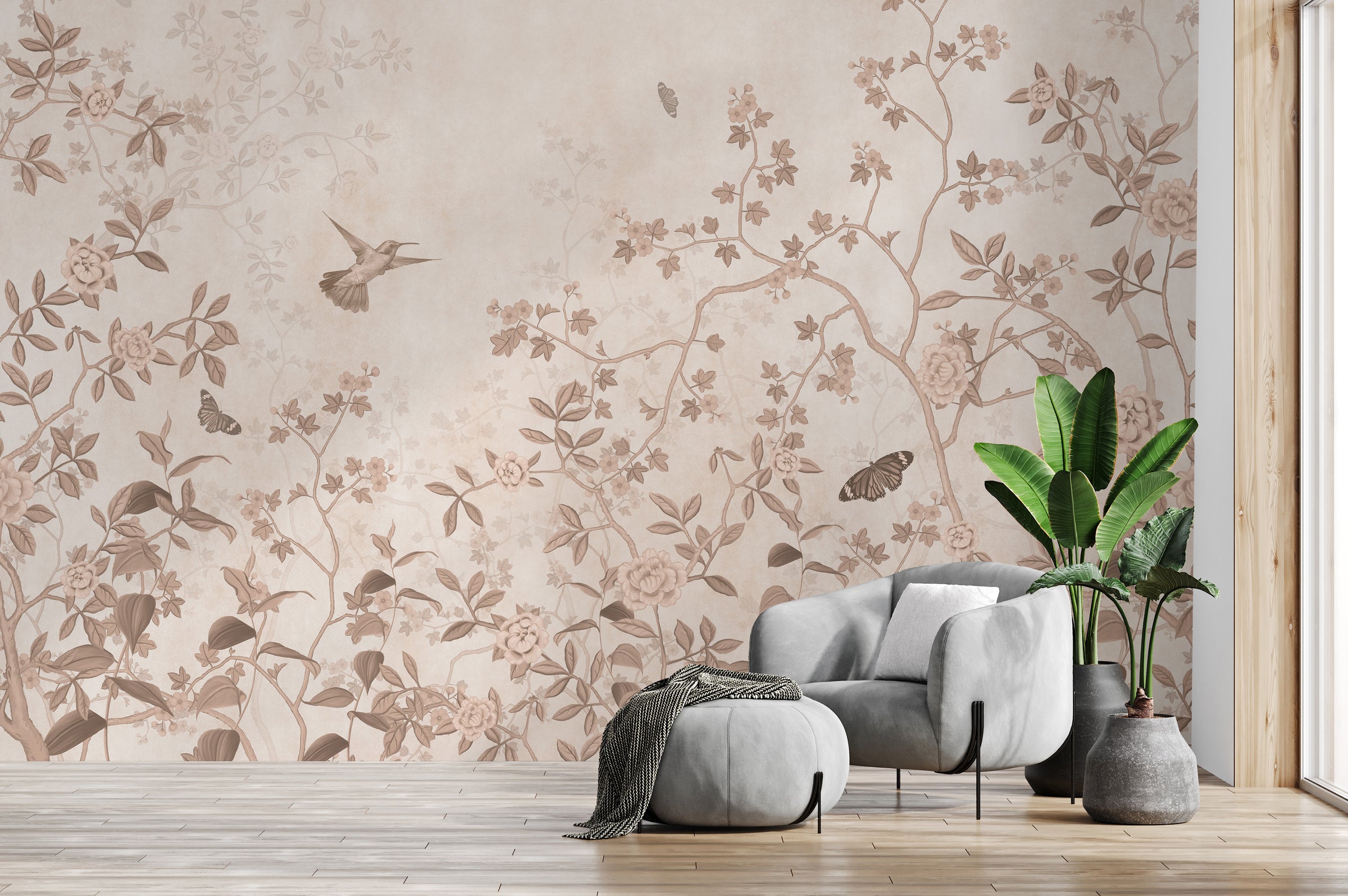 Beige botanical wallpaper with floral branches and birds enhancing modern living room decor