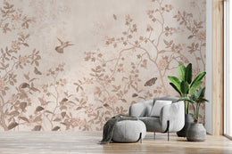 Beige botanical wallpaper with floral branches and birds enhancing modern living room decor
