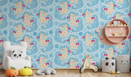 Fantasy unicorn kids wallpaper in blue shades designed for dreamy nursery interiors