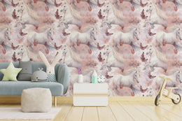 Dreamy unicorn wall mural with pink sky and stars for kids room decor