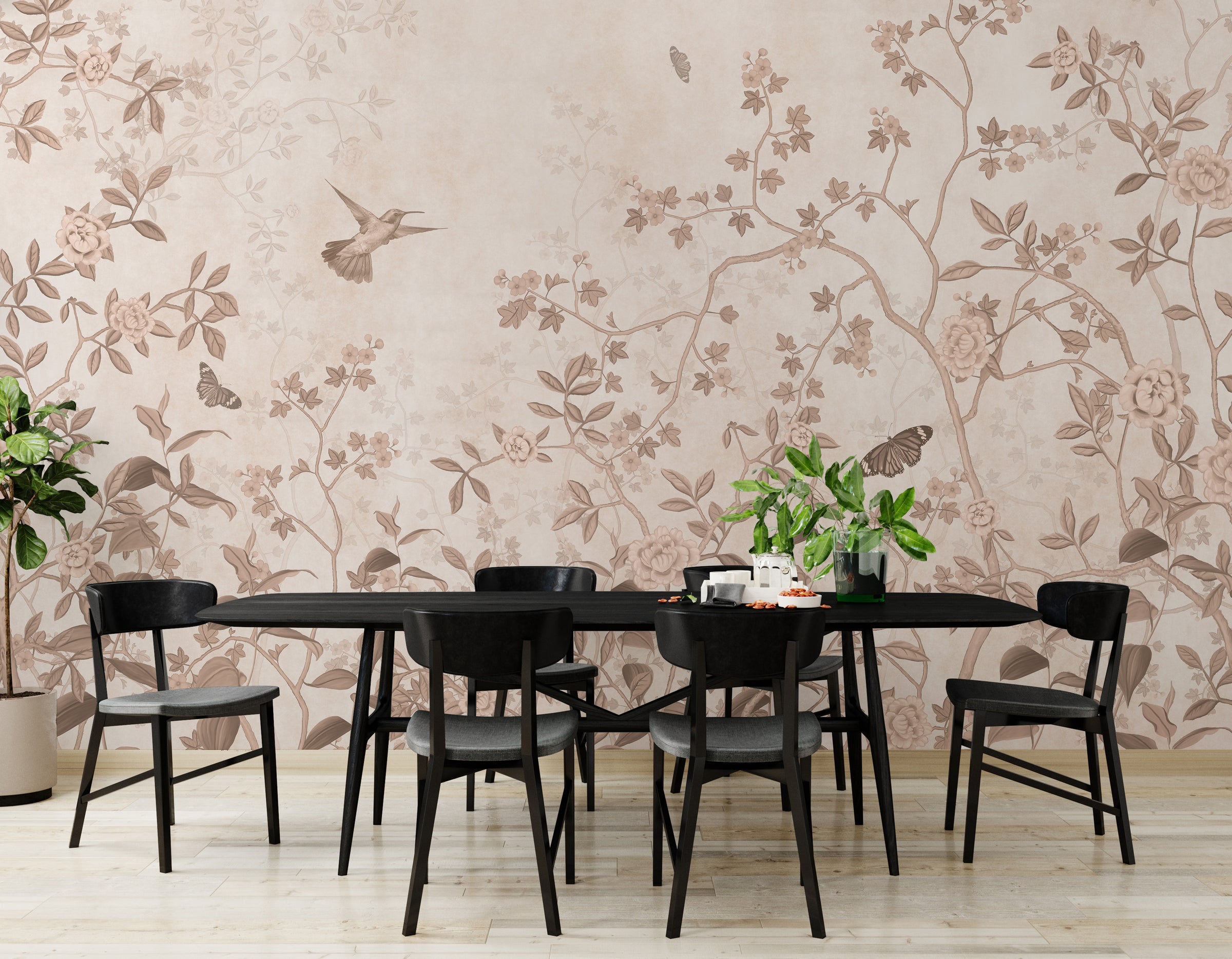 Vintage botanical wall design with delicate blossoms elevating stylish dining room ambiance