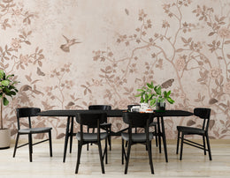 Vintage botanical wall design with delicate blossoms elevating stylish dining room ambiance