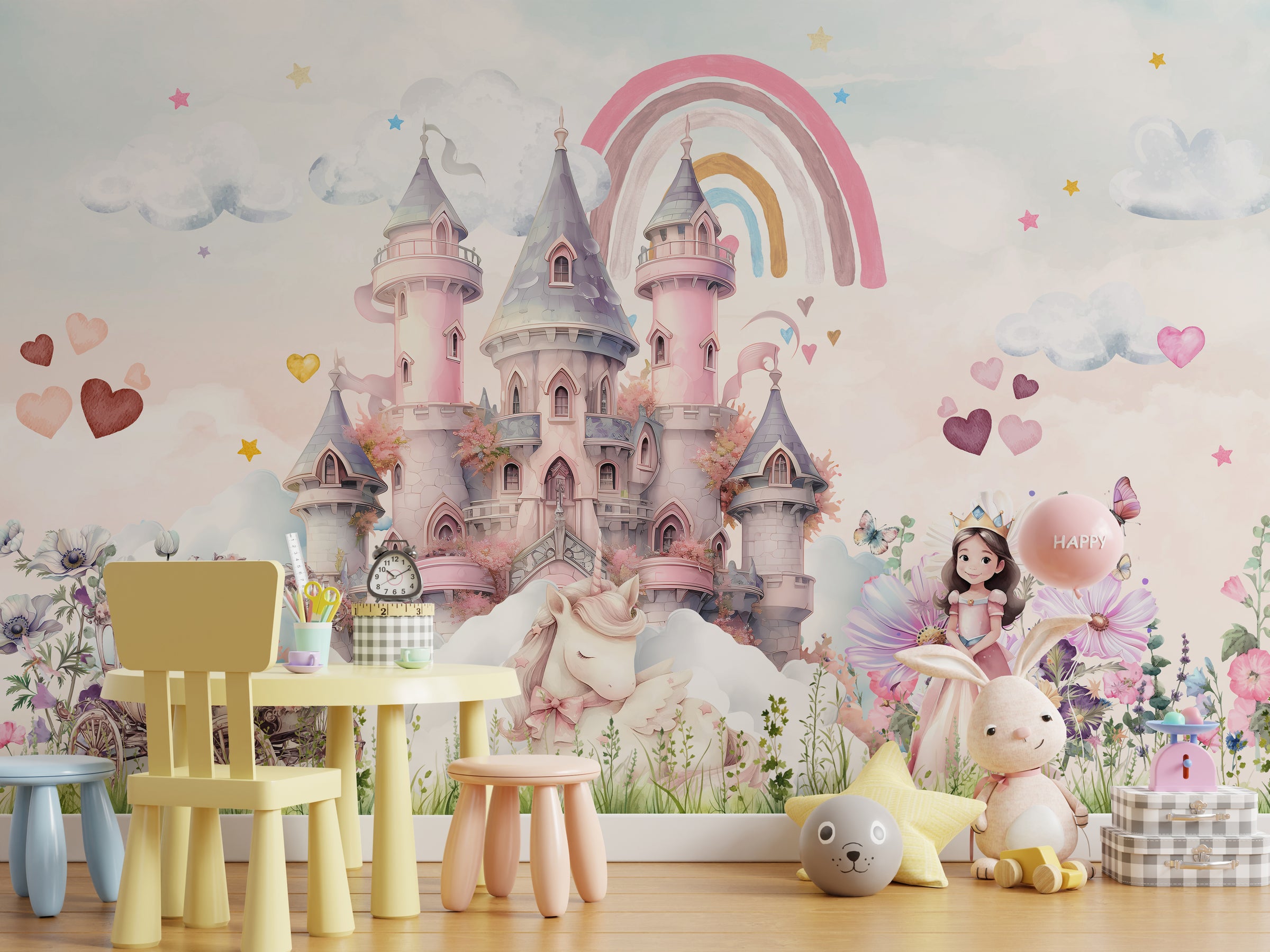 Pink Castle Kids Wallpaper with Rainbow Unicorns | Peel and Stick Wall Mural