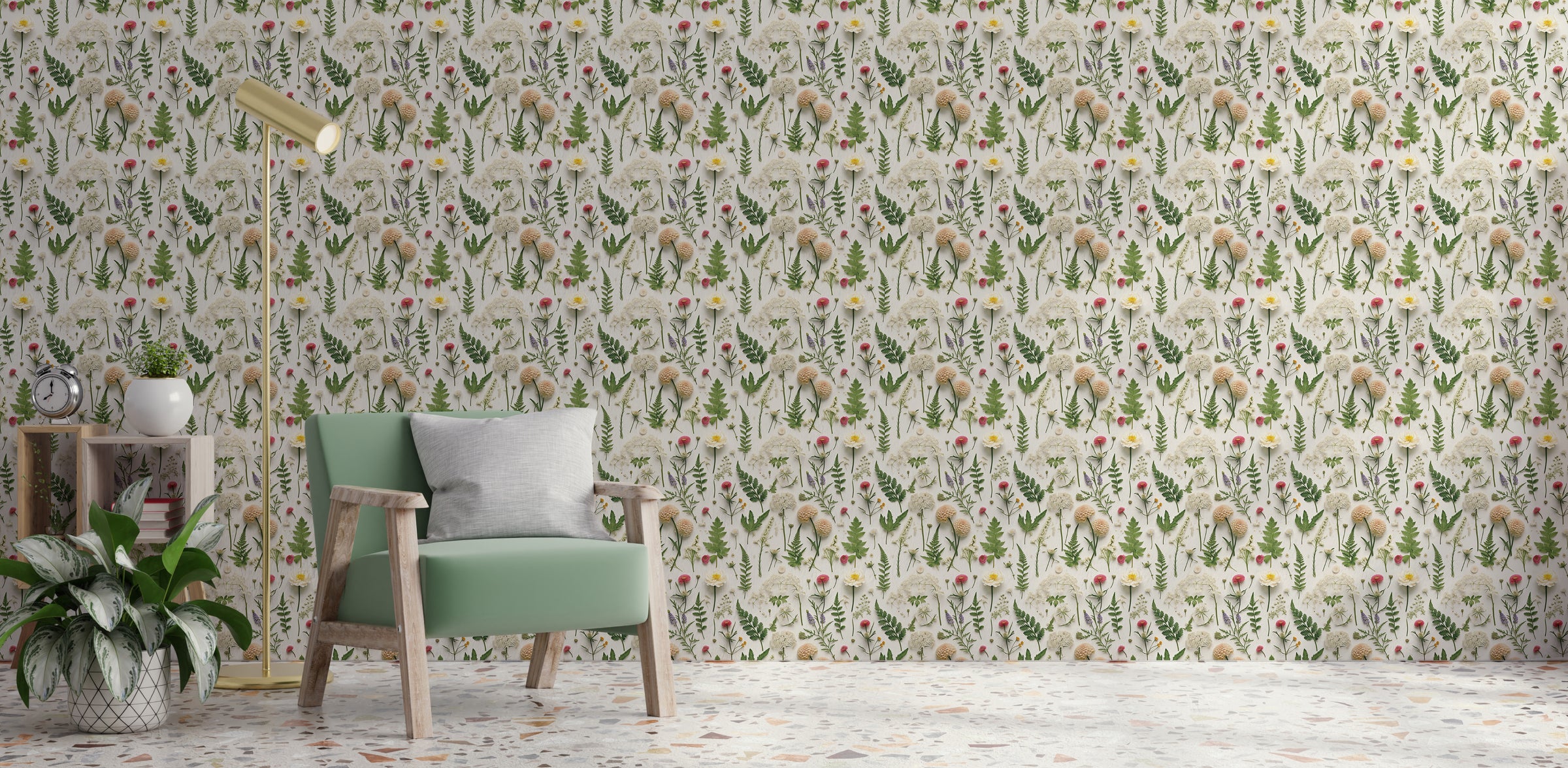 Floral mural design with soft greenery, warm tones, modern home office feature wall decor