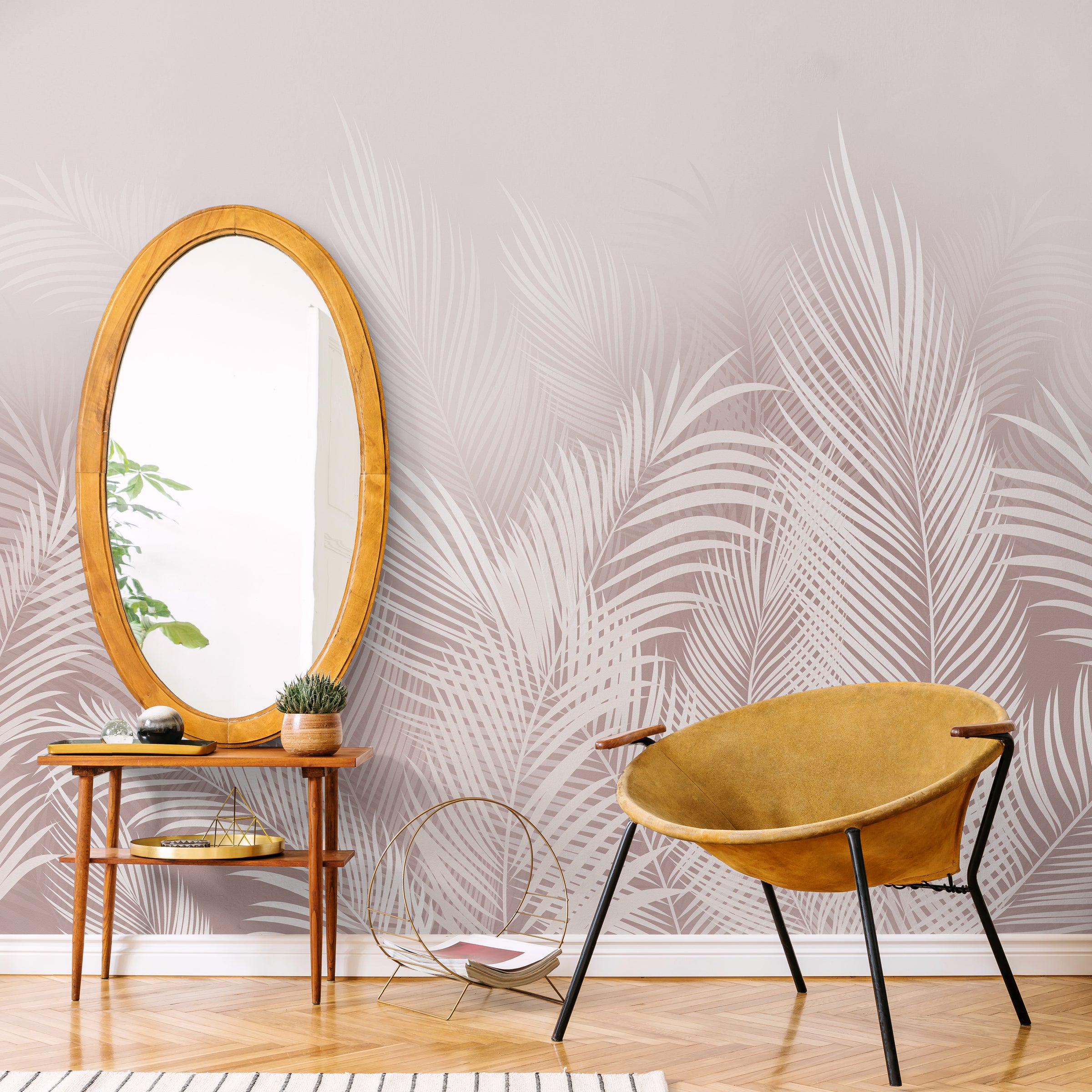 Blush tropical foliage wall design enhancing serene spa inspired bathroom decor