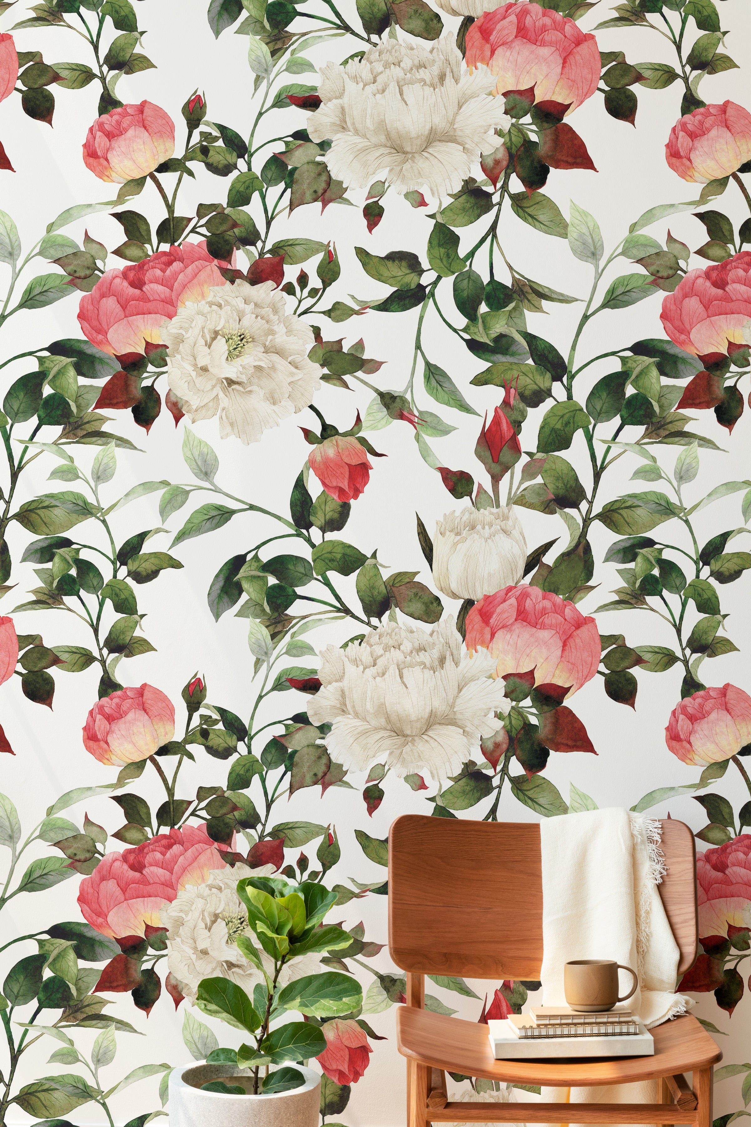 Soft pink peony floral wallpaper with lush green leaves creates luxury living room statement wall
