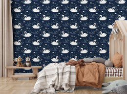 Vintage swan motif with deep navy florals for luxury children bedroom interior styling