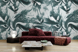 Artistic floral mural with flowing ink textures adding depth to contemporary bedroom walls