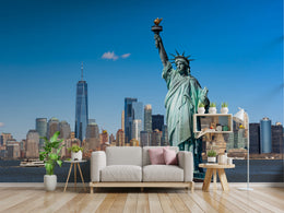 New York skyline wallpaper with Statue of Liberty for lounge room iconic city landmark mural