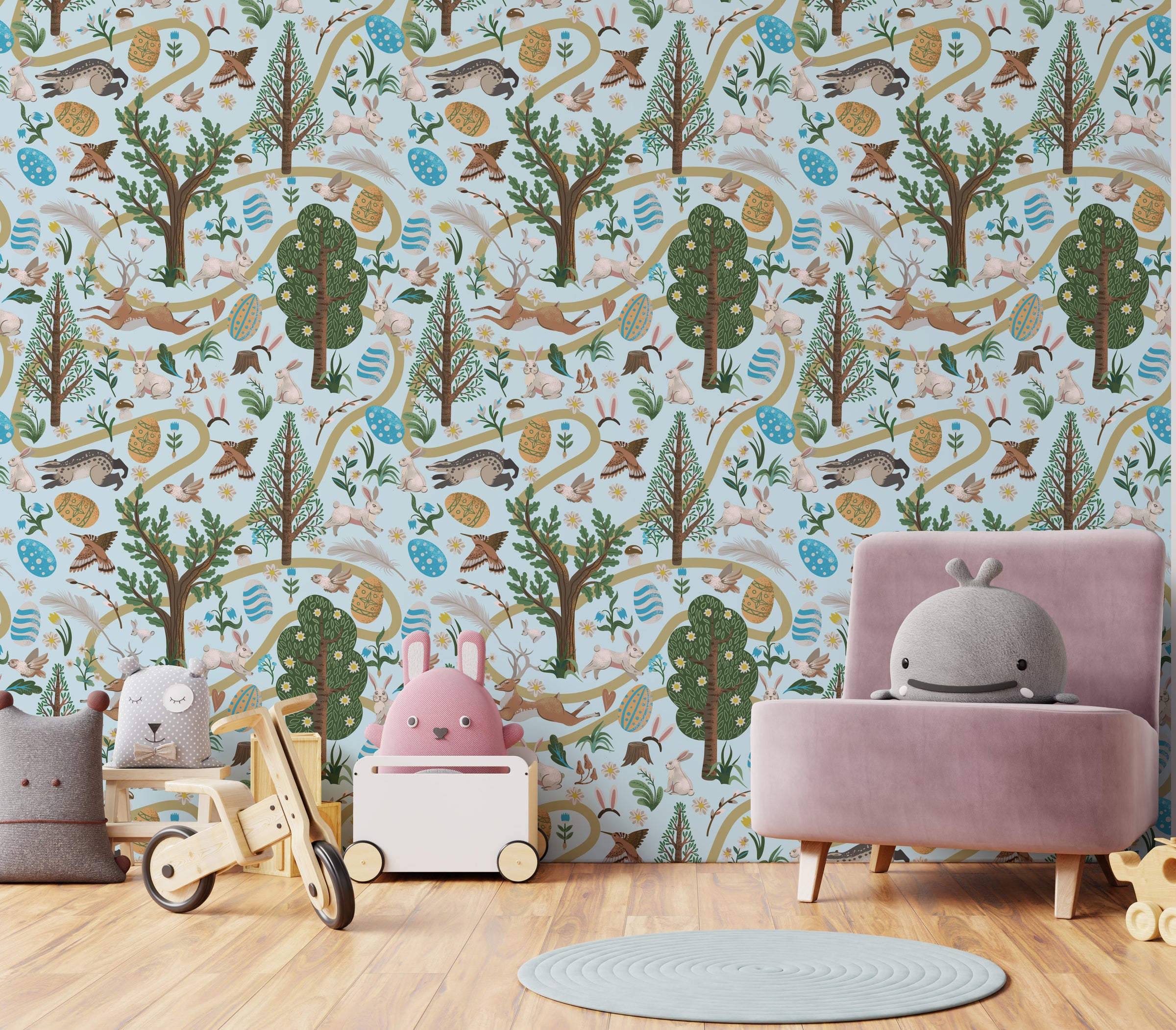 Pastel woodland bunny and deer artwork with trees, calming nursery room wall decoration