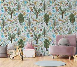 Pastel woodland bunny and deer artwork with trees, calming nursery room wall decoration