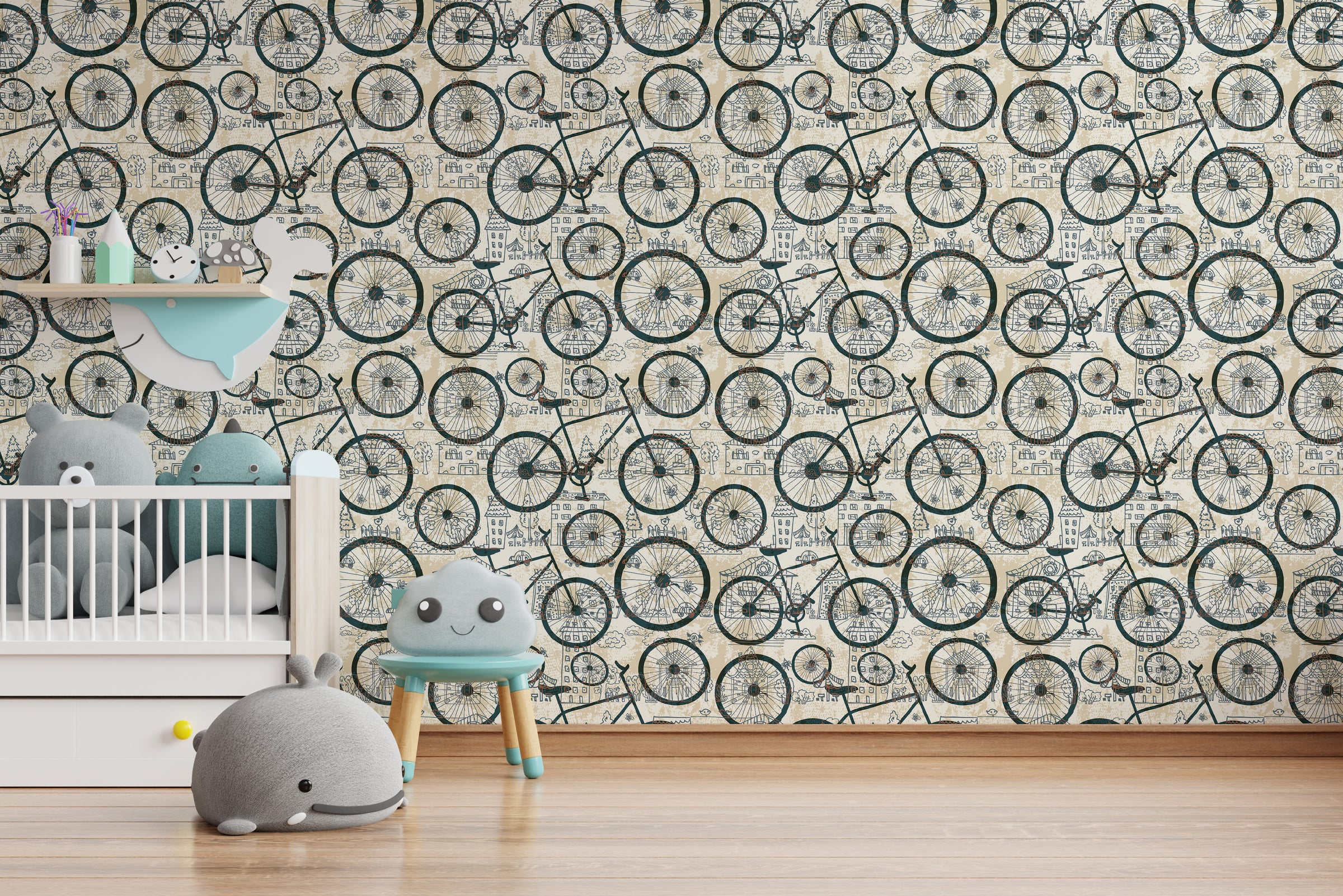 Decorative cycle wallpaper with vintage sketch pattern in soft neutrals for nursery interior design
