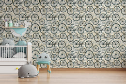Decorative cycle wallpaper with vintage sketch pattern in soft neutrals for nursery interior design