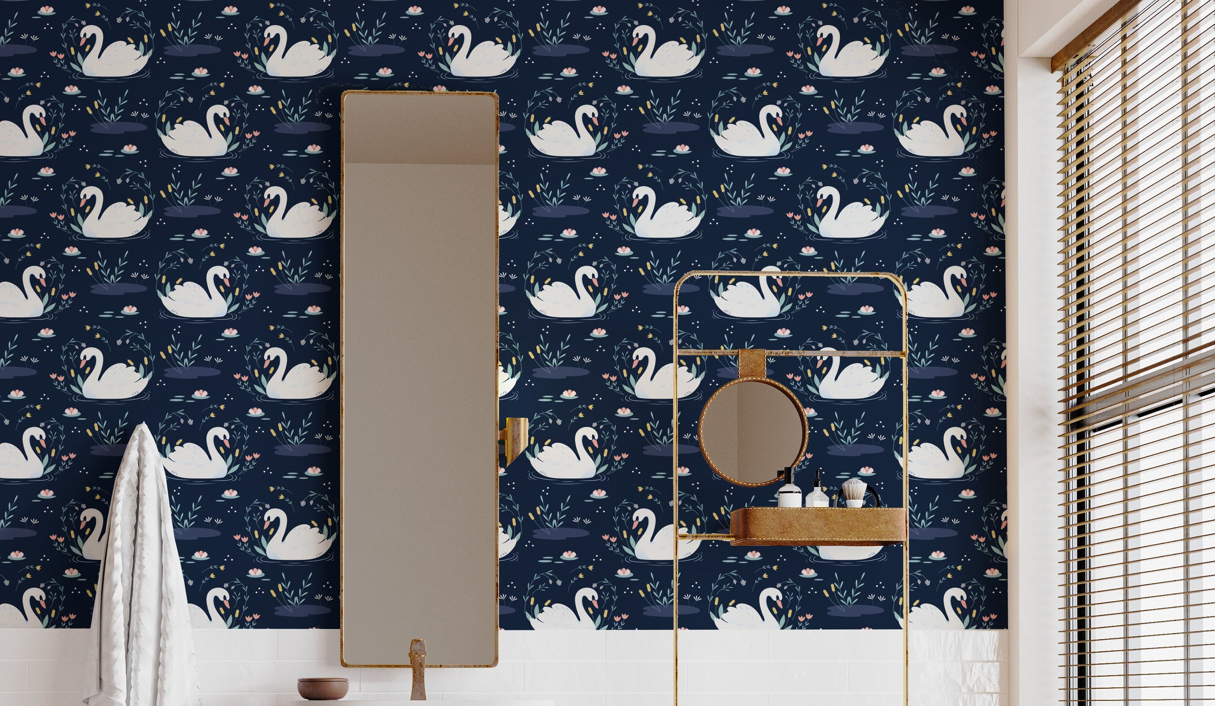 Decorative swan motif with deep tone florals enhancing modern bathroom wall