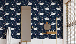 Decorative swan motif with deep tone florals enhancing modern bathroom wall
